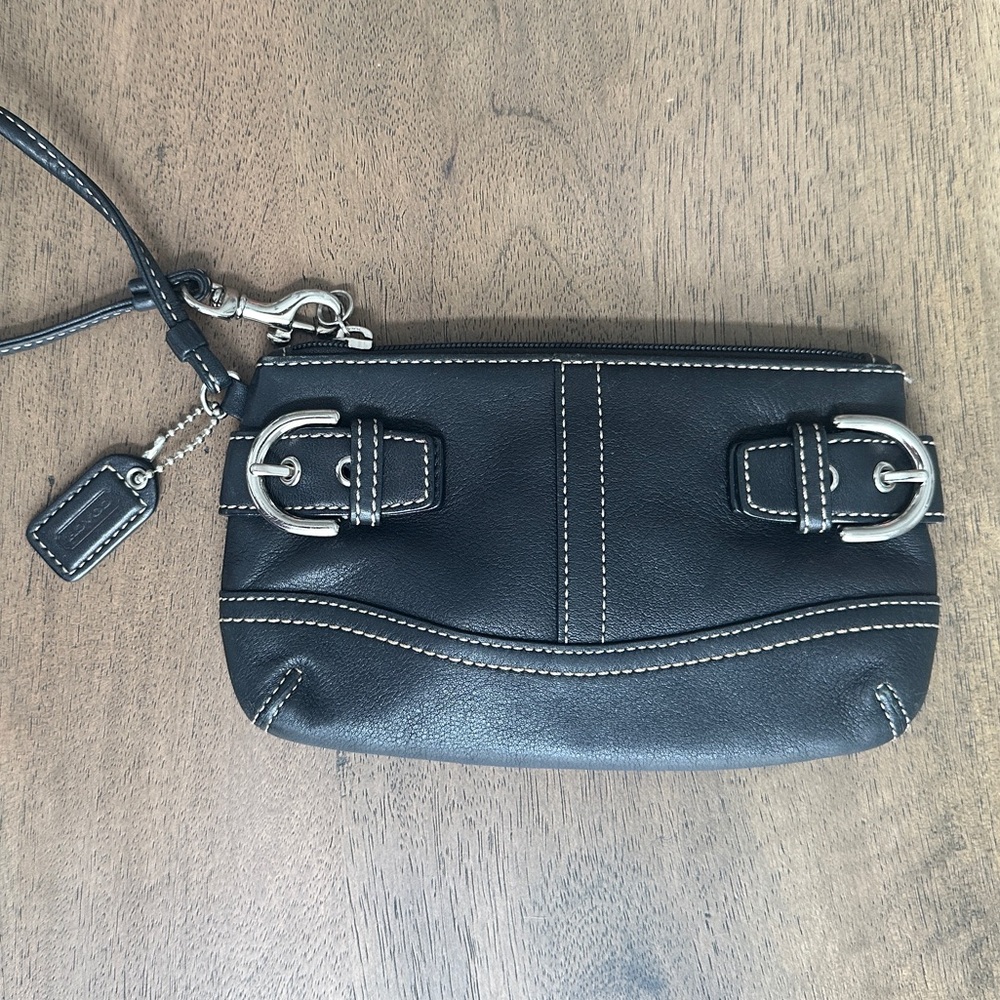 Black Coach Leather Wristlet Purse Leather Buckle 7"x5